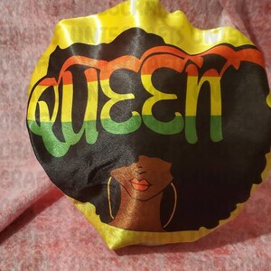 Afro Queen satin bonnet, photo bonnets, red yellow  Green bonnet, custom made bonnets, custom made fabric/image