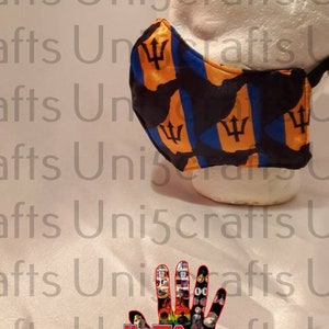 Máscara negra con el mapa de Barbados, escudo facial con la bandera de Barbados, máscara hecha a medida, tela/imagen hecha a medida