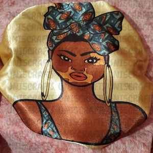Vitiligo Afrocentric satin bonnet, photo bonnets, custom made bonnets, custom made fabric/image