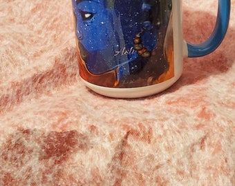 Blue world head coffee mug, blue beauty mug, 15oz coffee mug, ash art mug