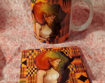 Afrocentric  mug and coaster set, African fabric with ash art mug and coaster.