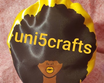 golden afro bonnet, golden satin bonnet, Reversible bonnet Personalized photo bonnets, photo bonnets, custom made