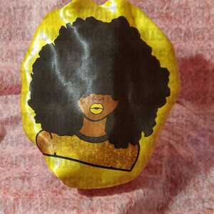 Golden Afro satin bonnet, photo bonnets, custom made bonnets, custom made fabric/image