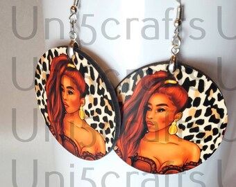 Brincos afrocentrados Circle Afro Queen com arte de T5C, brincos com estampa africana, brincos Dope Diva, brincos Black Girl Magic