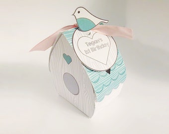 Vogelhaus Gastgeschenk Box sofortiger download, Türkis, Tischnummer, Geschenkbox, Baby Shower, Hochzeit Gastgeschenk, benutzerdefiniertes Label