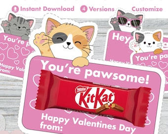 Druckbare Katzen Valentinstag Karte für Kinder Klassenzimmer Schule KitKat Instant Download Candy gefallen tag