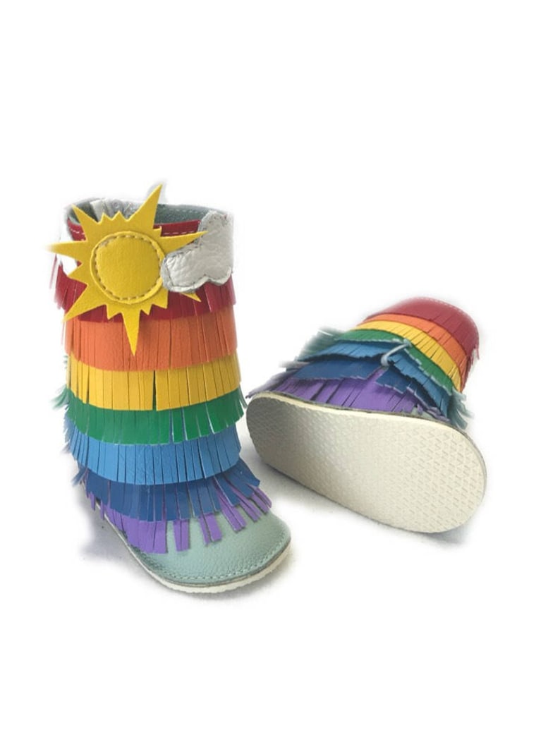 kids boho fringe booties Rainbow fringe boots with rubber sole