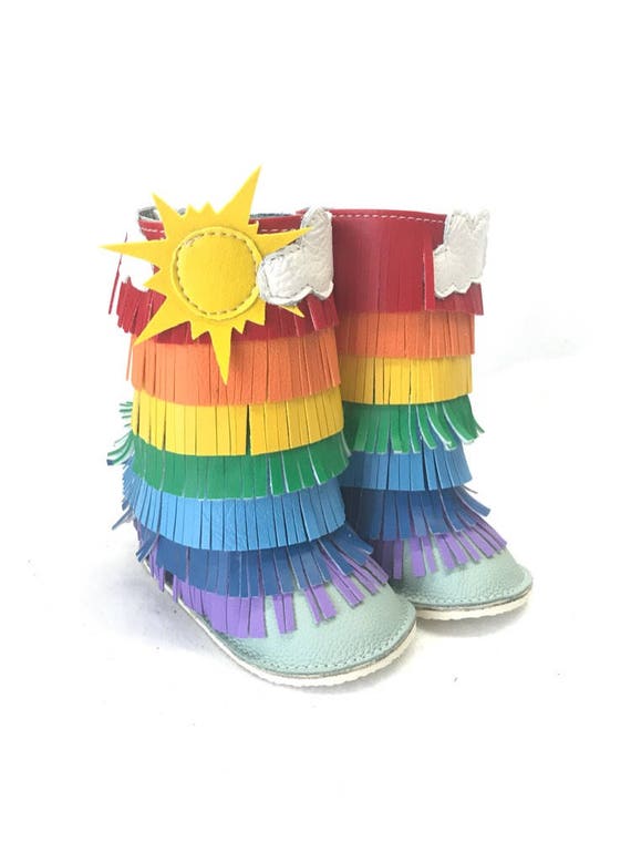 Rainbow Barefoot Fringe Boots with Rubber Sole, Kids Boho Fringe Booties