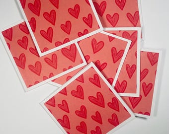 Red Heart Mini Notecards | 3x3 Valentine Gift Enclosure Cards | Small Handmade Love Notes | Pink and Red Heart Stationery Set