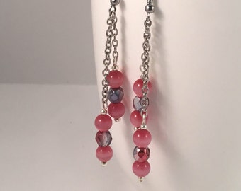 Pink dangle earrings, pink chain earrings, pink drop earrings, pink beaded earrings, pink earrings, earrings pink