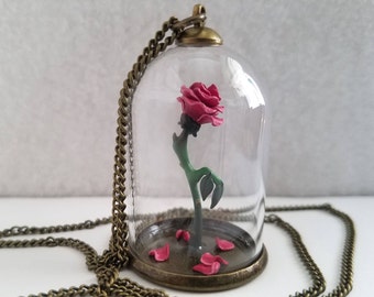 Disney Inspired Miniature Polymer Clay Beauty and the Beast Enchanted Rose Polymer Clay Figure Disney Pins Glass Dome with Base Bottle Charm