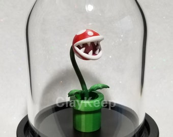 Miniature Piranha Plant in a Glass Dome, Polymer Clay Piranha Plant Figurine, Super Mario Diorama