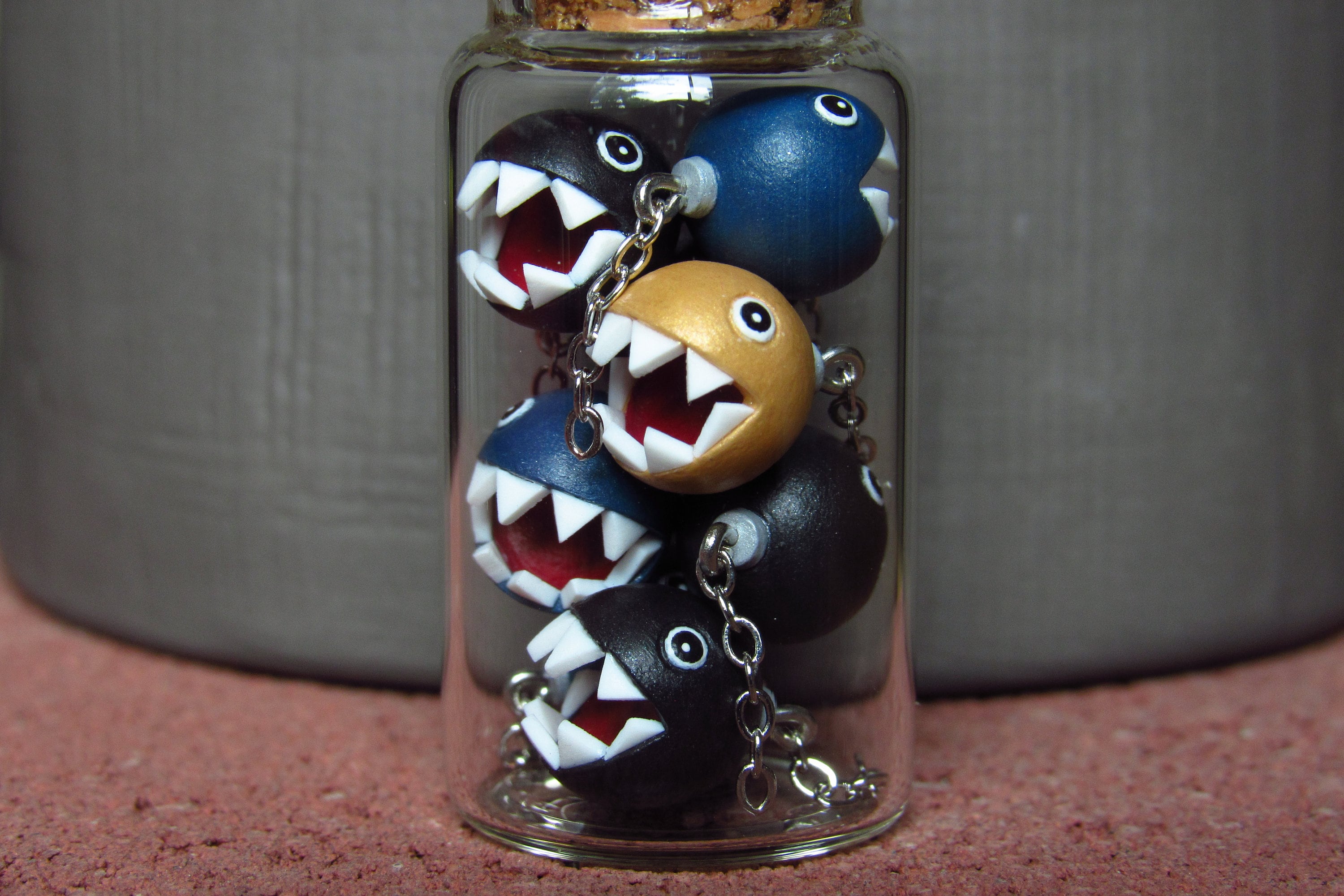 Super Mario Chain Chomp Glass Bottle: Polymer Clay Charm or