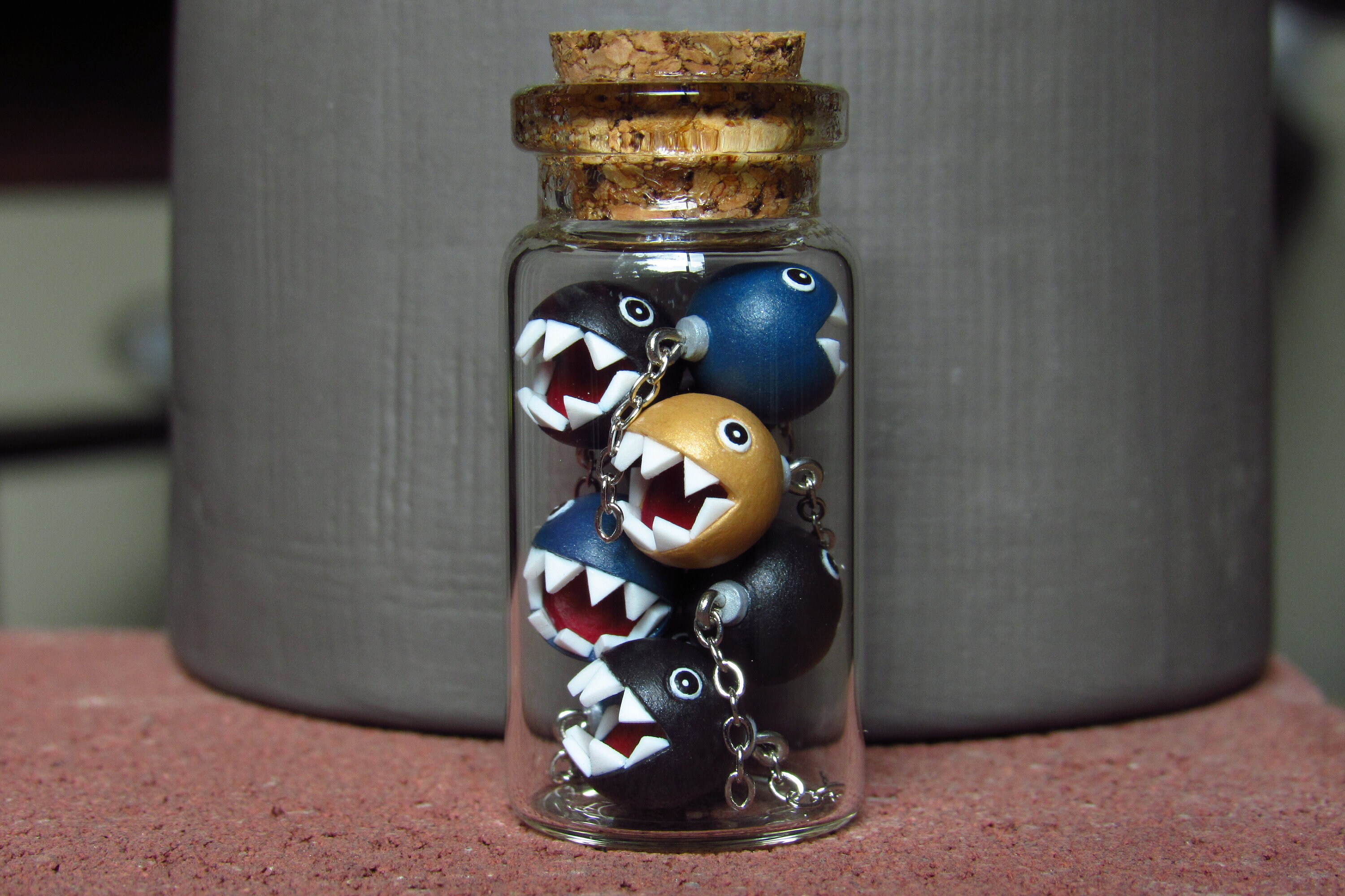 Super Mario Chain Chomp Glass Bottle: Polymer Clay Charm or