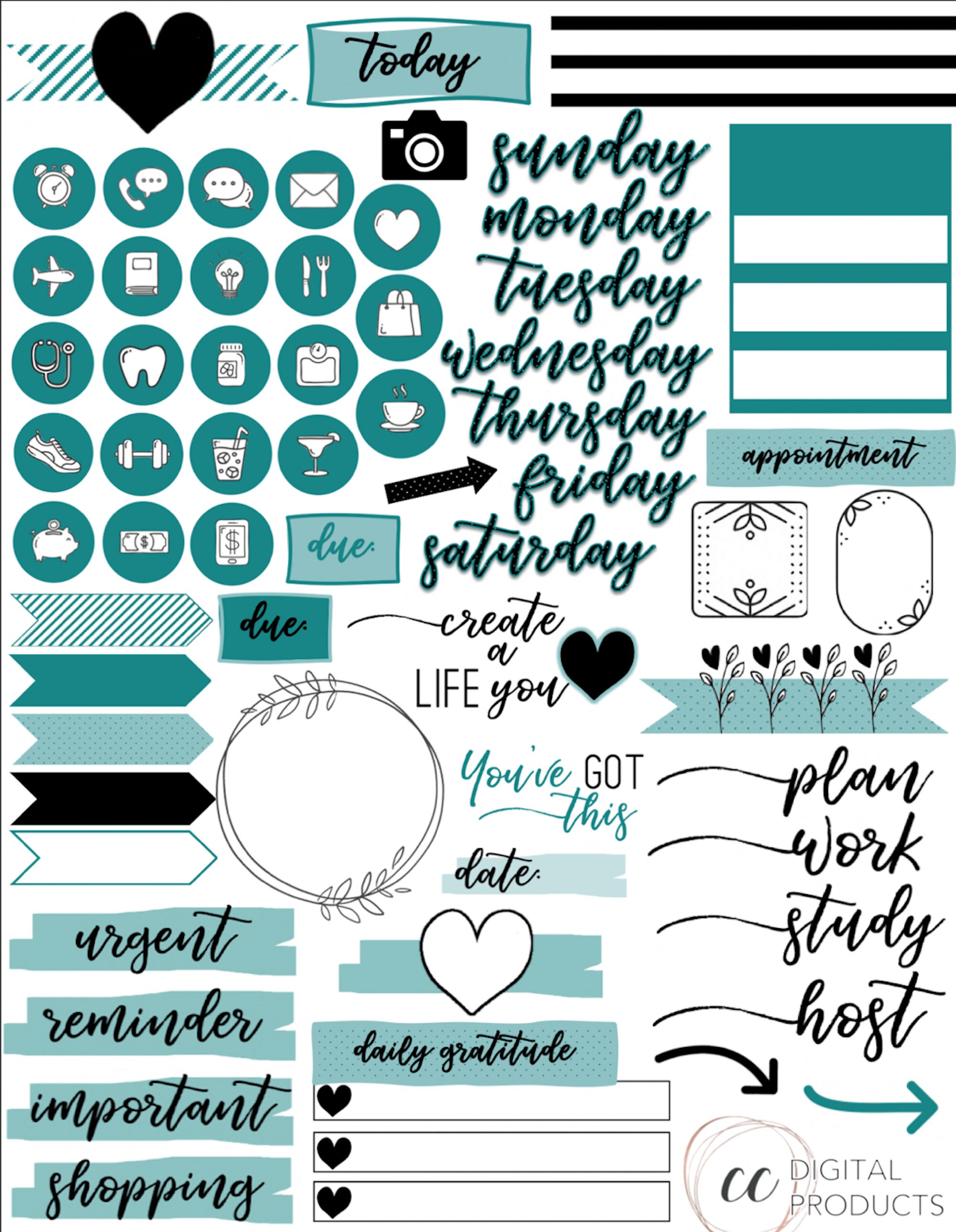 Digital Planner | Everyday Teal Digital Sticker Set | Precropped ...