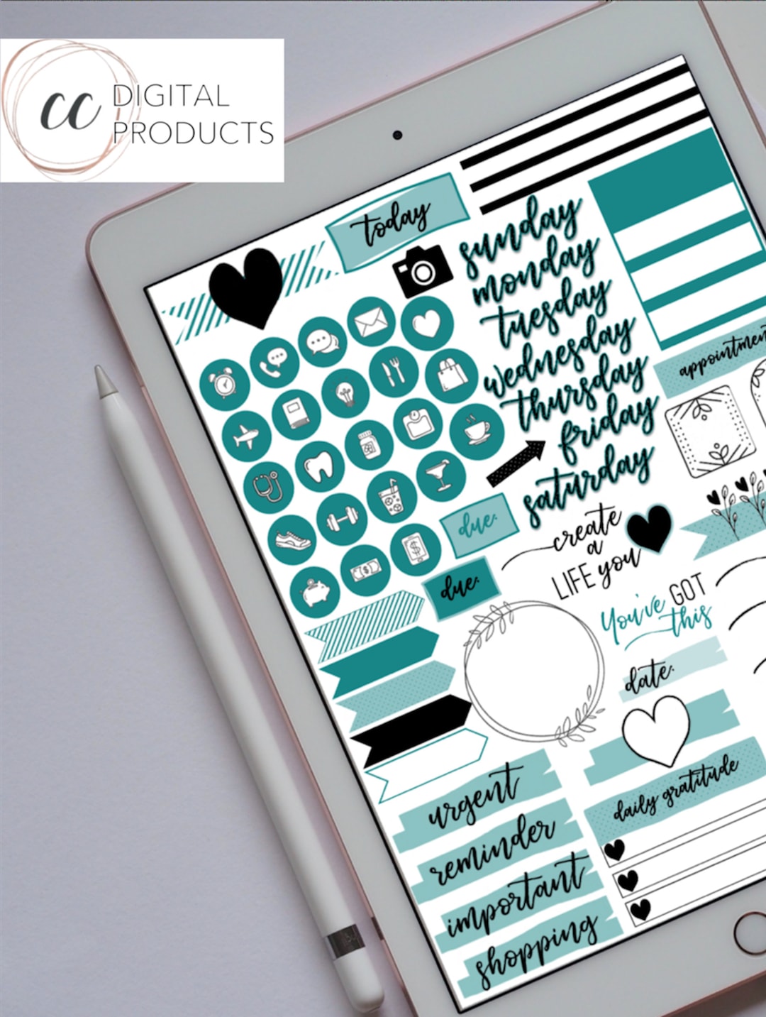 Digital Planner | Everyday Teal Digital Sticker Set | Precropped ...