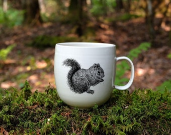 Handmade Porcelain coffee mug with Red Squirrel drawing by Cindy Labrecque, Canadian Wildlife collection