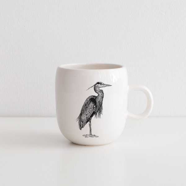 Handmade Porcelain coffee mug with Great blue heron drawing Canadian Wildlife collection