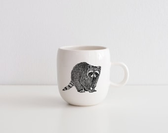Handmade Porcelain coffee mug with raccoon drawing Canadian Wildlife collection