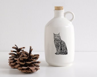 Porcelain maple syrup jug with Canada lynx drawing Canadian Wildlife collection