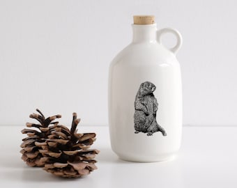 Porcelain maple syrup jug with woodchuck drawing Canadian Wildlife collection