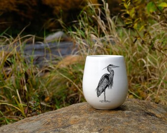 Handmade Porcelain wine tumbler with great blue heron drawing by Cindy Labrecque,  Canadian Wildlife collection