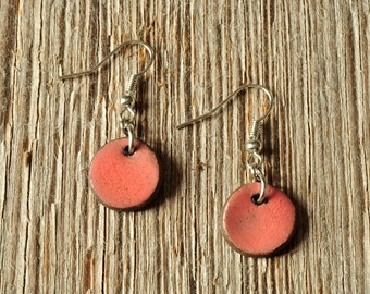 SMALL glossy coral round stoneware drop earrings