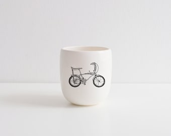 Porcelain coffee tumbler with vintage bicycle drawing by Cindy Labrecque