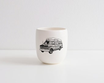 Porcelain coffee tumbler with vintage campwagon drawing by Cindy Labrecque