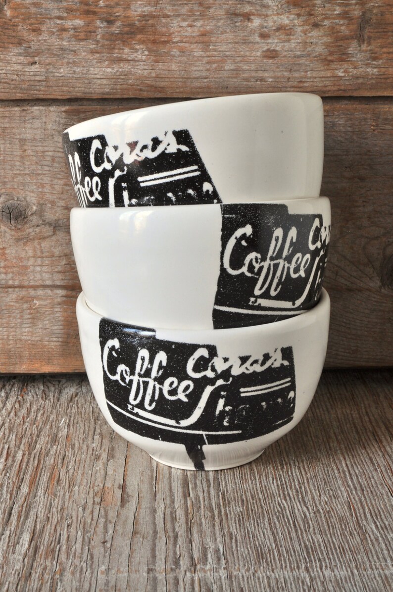 Porcelain coffee bowl with vintage COFFEE SHOP sign image 2