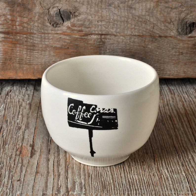 Porcelain coffee bowl with vintage COFFEE SHOP sign image 1
