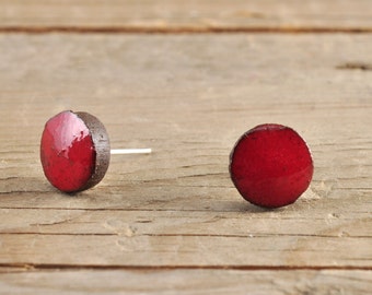 MINI glossy red round stoneware stud earrings