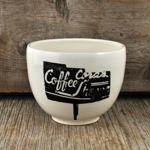 Porcelain coffee bowl with vintage COFFEE SHOP sign image 1