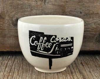 Porcelain coffee bowl with vintage COFFEE SHOP sign