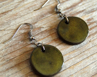 MEDIUM glossy khaki round stoneware drop earrings