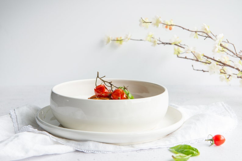 MADE TO ORDER Handmade Porcelain Shallow Bowl/Pasta Bowl black / white // satin / glossy finish Glossy White / Blanc