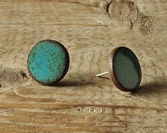 SMALL glossy aqua round stoneware stud earrings