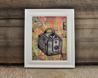 Kodak Brownie Camera Original Framed Painting by Cindy Labrecque, 8 x 10 inches.