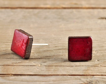 MINI glossy red square stoneware stud earrings