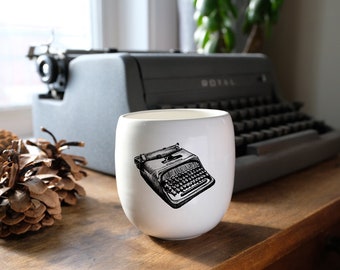 Porcelain coffee tumbler with vintage typewriter drawing by Cindy Labrecque