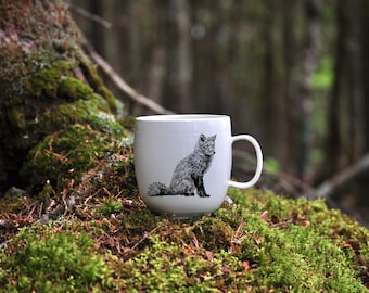 Handmade Porcelain coffee mug with red fox drawing Canadian Wildlife collection