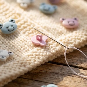 May include: Close-up of a cream-coloured knitted fabric with several bear-shaped buttons in pastel colours. A needle with white thread is inserted into the fabric, next to a pink button. The buttons are light blue, pink, and white.