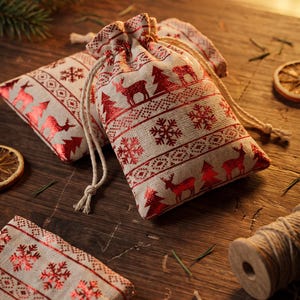 Christmas Gift Bags Red Foil Xmas Designs Cotton Drawstring Pouch Asst Packs 14 X 10CM
