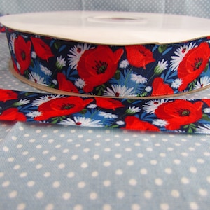 25mm Ribbon Navy Blue Red Poppy Flower Satin Ribbon in 2m, 5m, 10m and 20m