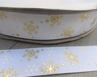 25mm White and Gold Snowflake Christmas Grosgrain Ribbon
