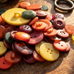 Pode incluir: Uma coleção de botões redondos variados de diferentes tamanhos e cores, incluindo amarelo, laranja, vermelho e verde escuro, espalhados junto a um carretel de linha castanha e uma tesoura de metal. Os botões têm dois ou quatro orifícios.