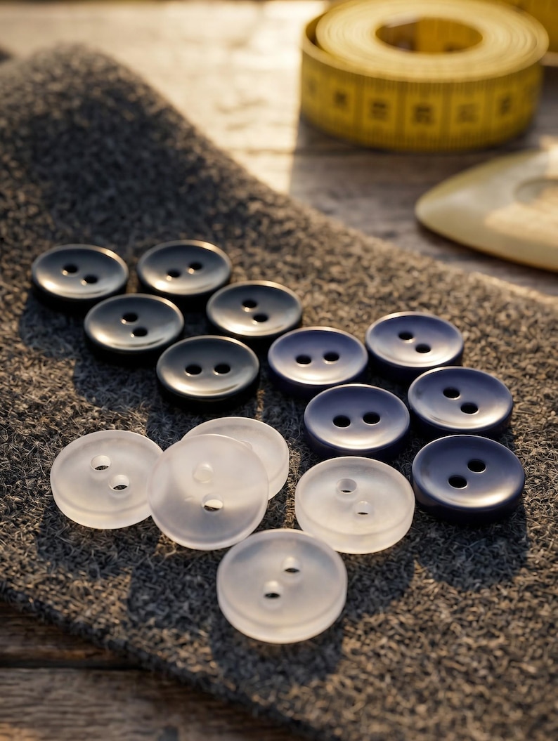 May include: A collection of round, two-hole buttons in solid black and translucent white, arranged on a textured gray fabric surface. The buttons are circular with a smooth finish, featuring two centered holes for attachment to garments or crafts.