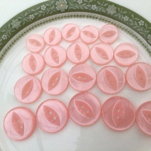Pode incluir: Uma coleção de 15 botões de plástico rosa com um design de dois furos. Os botões têm um acabamento perolado e uma forma oval sutil no centro.