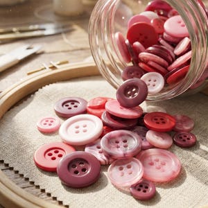 Peut inclure: Une collection de boutons ronds à quatre trous dans diverses nuances de rose, de rouge et de bordeaux, renversés d'un bocal en verre transparent sur un tissu beige clair tendu sur un cadre de tambour à broder en bois circulaire.