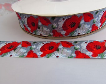 25mm Red Poppy Ribbon on Grey Background